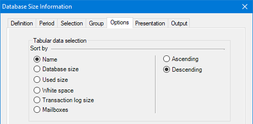 Sort databases by name, size or white space