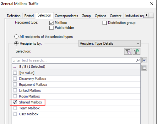 Select shared mailboxes by recipient type