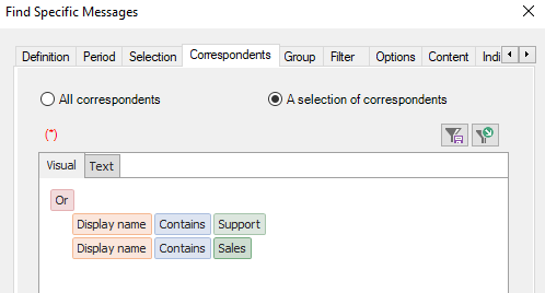 Select Mailboxes whose Display Name contains Support or Sales