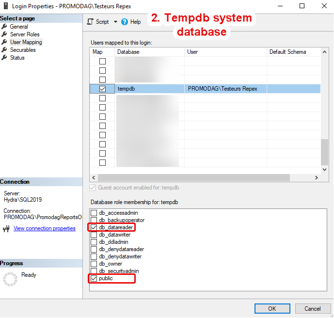 Grant SQL public and db_datareader permissions on Tempdb database