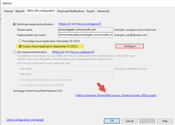 Test the connection to Office 365