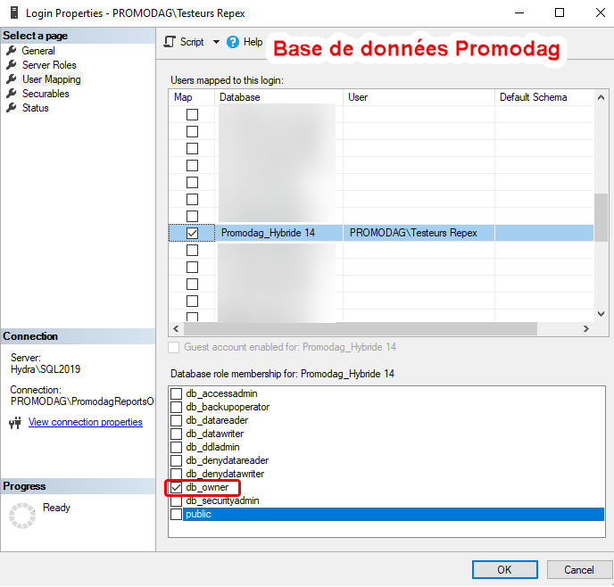 Accorder les autorisations SQL DB_Owner sur la base de données Promodag