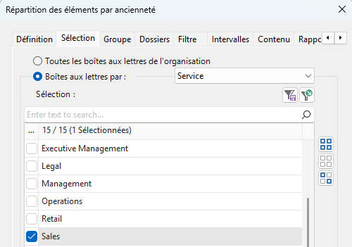 Sélectionnez les boîtes aux lettres par service