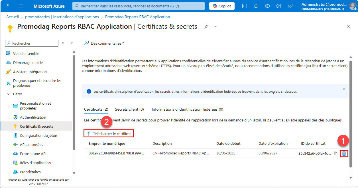Télécharger un certificat vers Microsoft Entra ID