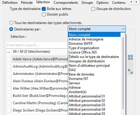 Sélectionner les boîtes aux lettres par attributs d'annuaire
