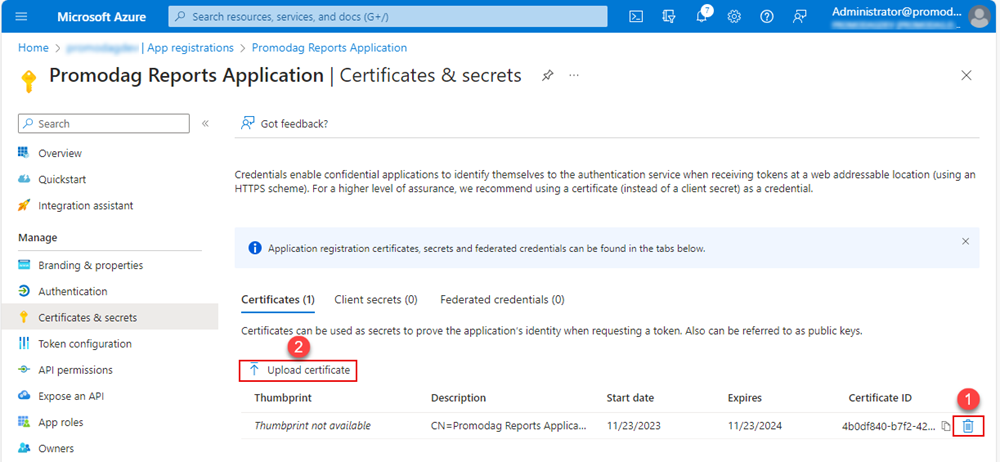Upload a new certificate file in Azure