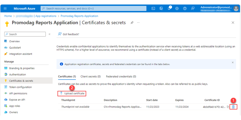 Upload a new .cer certificate file onto Microsoft Entra ID