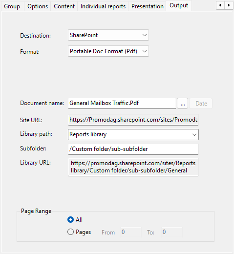 Report settings for an export to SharePoint Online