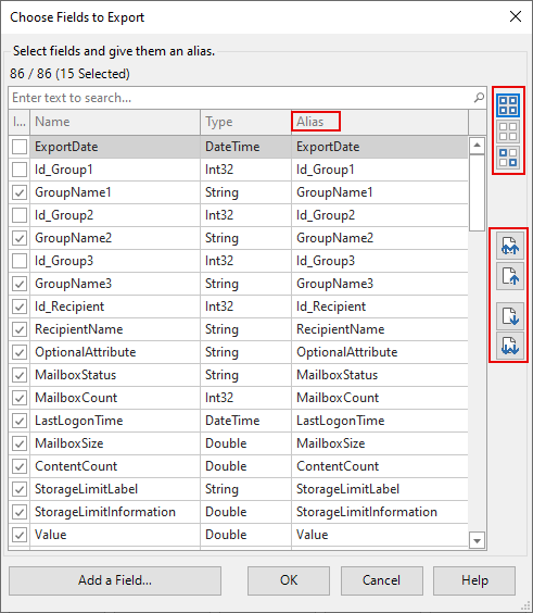 Select fields to export to a database table