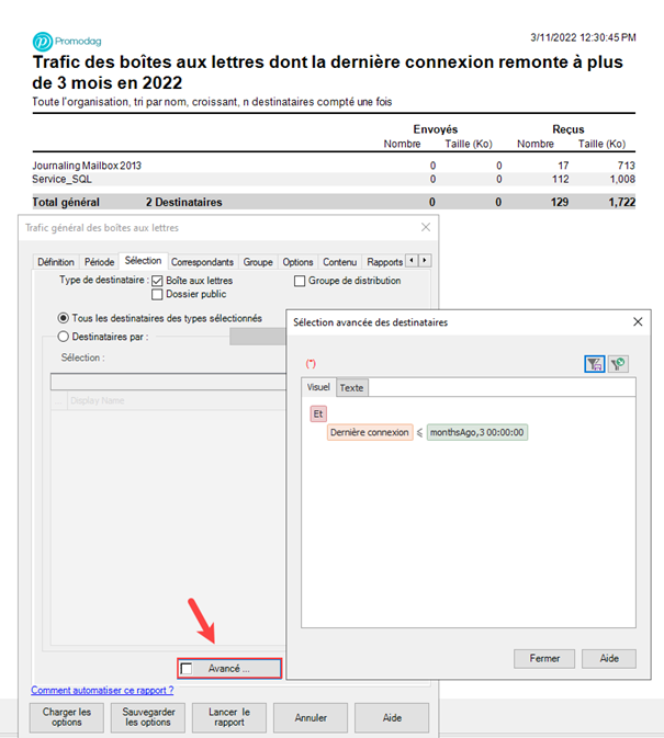 Filtrer les boîtes aux lettres par dernière connexion dans un rapport de trafic