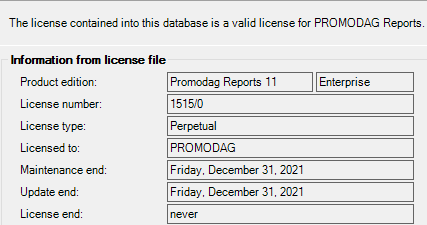 Promodag license screen with maintenance end