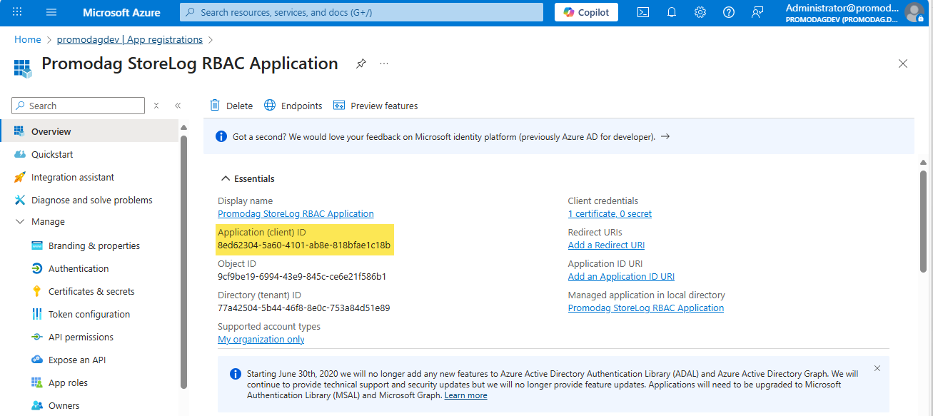Register StoreLog RBAC App in Azure