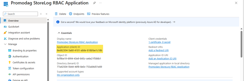 Register StoreLog RBAC App in Azure