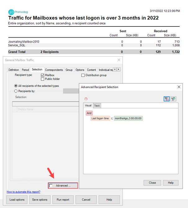 Filter mailboxes by Last Logon in a mail traffic report