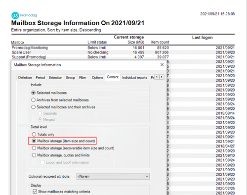 List all mailboxes with their sizes