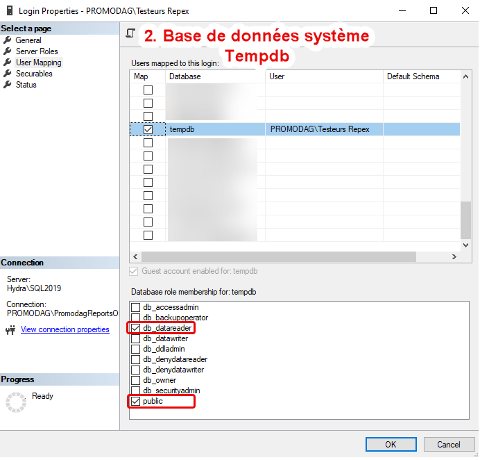 Accorder les autorisations SQL public et db_datareader sur la base de données TempDB