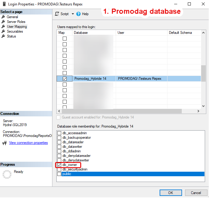 Grant SQL DB_Owner permission on Promodag database