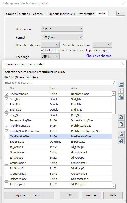Exporter les attributs de limite de taille de stockage vers un fichier CSV