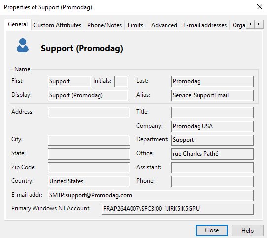 Display the main properties of a recipient