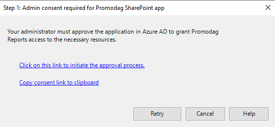 Admin consent required for Promodag Reports SharePoint app