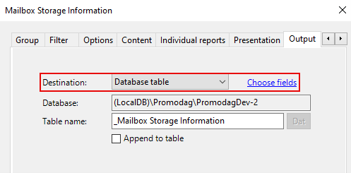 Select Database Table as output destination